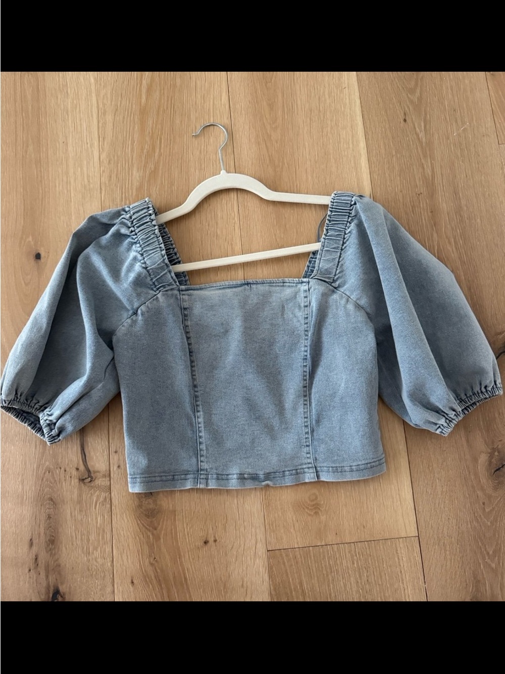 fab'rik Washed Light Blue Denim Crop Top with Puff Sleeves